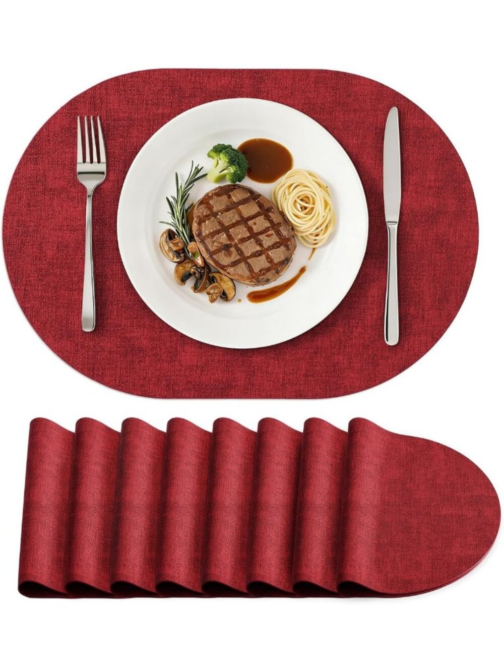 Set of 8 Heat Resistant Oval Placemats - Stylish Red Dining Table Decor